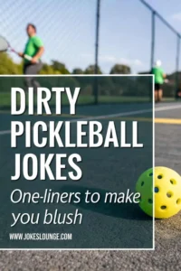 Dirty pickleball jokes one-liners image featuring a bright yellow pickleball resting on the court surface with players blurred in the background. The text overlay reads: "Dirty Pickleball Jokes – One-liners to make you blush – www.jokeslounge.com