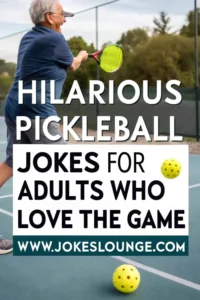 Hilarious pickleball jokes for adults image featuring an older man swinging a paddle on an outdoor pickleball court with two yellow pickleballs on the ground. The text overlay reads: "Hilarious Pickleball Jokes for Adults Who Love the Game – www.jokeslounge.com