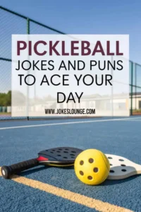 Pickleball jokes and puns image featuring two paddles and a yellow pickleball placed on a blue outdoor court with a fence and clear sky in the background. Text overlay reads: "Pickleball Jokes and Puns to Ace Your Day