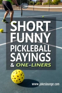 Short funny pickleball sayings and one-liners image showing a player at the net in mid-swing on a blue court, with multiple yellow pickleballs scattered around. The text overlay reads: "Short Funny Pickleball Sayings & One-Liners – www.jokeslounge.com