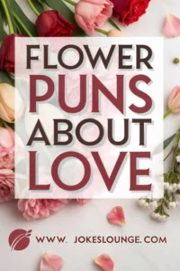Romantic floral background with bold text 'Flower Puns About Love' and website www.jokeslounge.com at the bottom