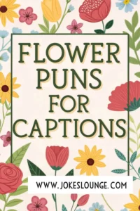 Colorful floral border with bold text 'Flower Puns For Captions' in the center and www.jokeslounge.com at the bottom