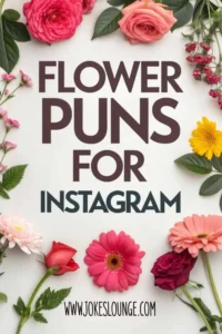 Flat lay of vibrant flowers with bold text 'Flower Puns for Instagram' and the website www.jokeslounge.com at the bottom