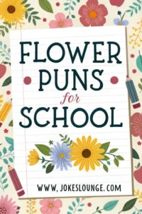 Colorful school-themed design with flowers, pencils, and the text 'Flower Puns for School' plus www.jokeslounge.com at the bottom