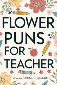 Whimsical floral and school-themed design with the text 'Flower Puns for Teacher' and website www.jokeslounge.com below.