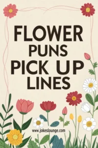 Playful floral design with the bold title 'Flower Puns Pick Up Lines' and website www.jokeslounge.com at the bottom
