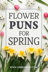 Spring-themed flat lay with tulips and daffodils around the text 'Flower Puns for Spring' and website www.jokeslounge.com
