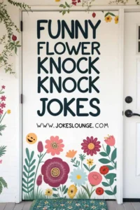 White door decorated with colorful illustrated flowers and the text 'Funny Flower Knock Knock Jokes' above the website www.jokeslounge.com