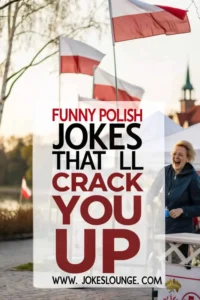 Woman laughing near market stalls with multiple Polish flags in the background, overlaid with bold text: “Funny Polish Jokes That’ll Crack You Up