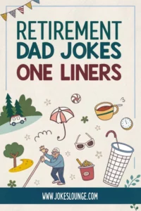 Illustrated image with text “Retirement Dad Jokes One Liners” and fun retirement-themed icons like umbrellas, trees, and snacks