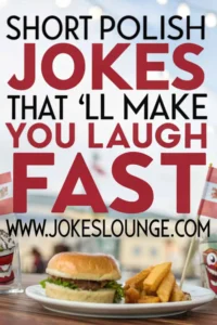 Plate with a burger and fries in front of bold text reading “Short Polish Jokes That’ll Make You Laugh Fast,” with Polish flags around.