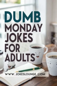 Photo of coffee mugs with faces and an open notebook, overlaid with the text “Dumb Monday Jokes for Adults” from jokeslounge.com.