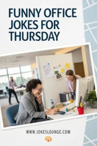 Office scene with two coworkers laughing near a desk, featuring the text "Funny Office Jokes for Thursday" on a clean background