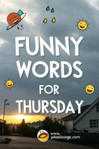 Sunset background with text "Funny Words for Thursday" surrounded by cheerful emoji faces, raindrops, and a smiling planet