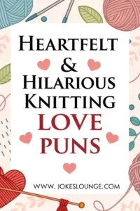 Text on image that says “Heartfelt & Hilarious Knitting Love Puns” with yarn balls, hearts, leaves, and knitting needles in the background.