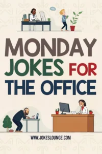 Illustrated poster with office workers at desks and plants, titled “Monday Jokes for the Office” from jokeslounge.com.
