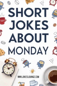 White background with fun breakfast and coffee-themed doodles, titled “Short Jokes About Monday” from jokeslounge.com.