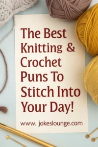 Text on image reads “The Best Knitting & Crochet Puns to Stitch Into Your Day!” with yarn balls and crochet hooks around a paper.