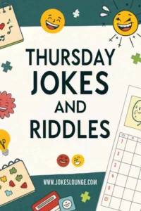 Playful design with laughing emoji faces, notebooks, and doodles surrounding the text "Thursday Jokes and Riddles" on a light background