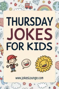 Colorful doodle background with a smiling boy, sun, and speech bubble, featuring the text "Thursday Jokes for Kids" at the center