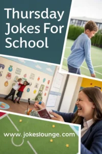 Collage of playful school scenes with kids and a teacher laughing, featuring the text "Thursday Jokes for School" on a green background