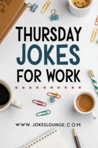 Flat lay of office supplies, coffee cups, and paper clips surrounding the text "Thursday Jokes for Work" on a white background
