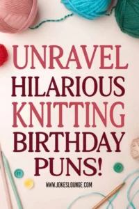Text on image that reads “Unravel Hilarious Knitting Birthday Puns!” surrounded by colorful yarn, buttons, and knitting needles
