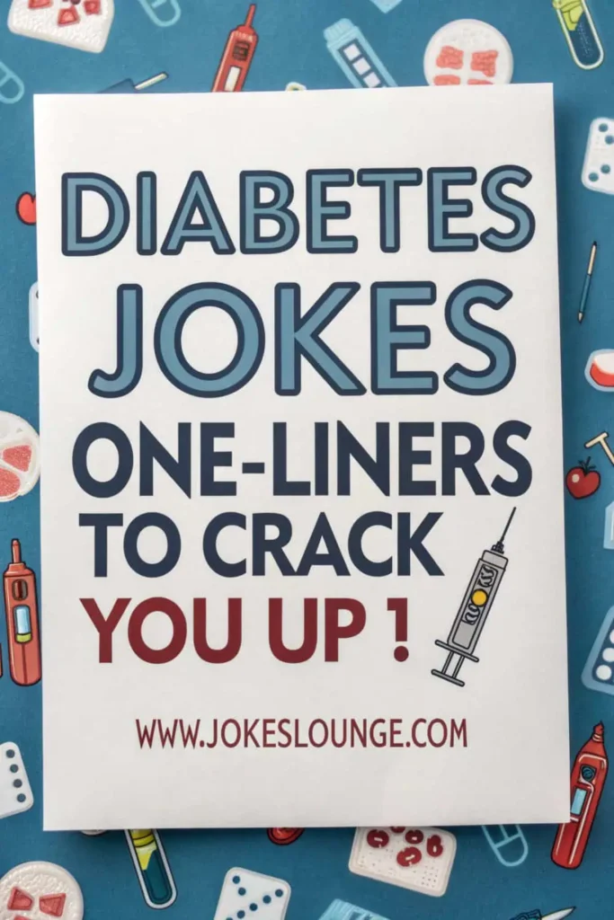Poster with syringe illustration and medical icons in the background, featuring the text “Diabetes Jokes One-Liners to Crack You Up!
