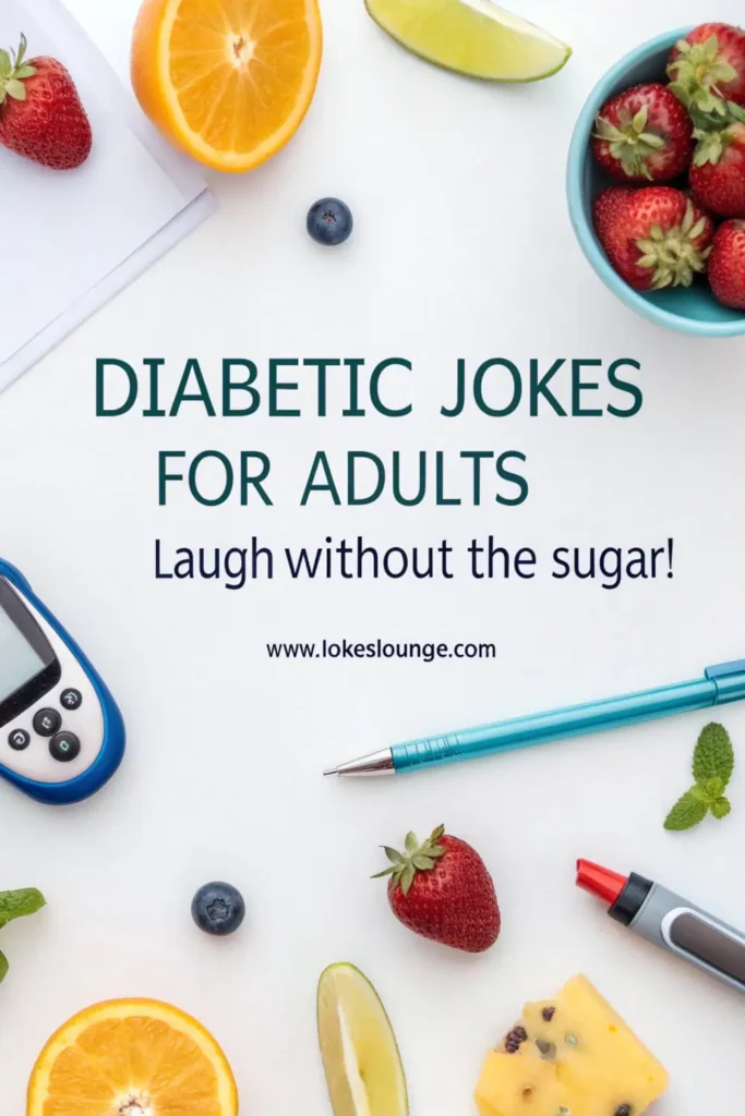 Flat lay of fruits, glucose meter, and diabetes tools on a white background with the text “Diabetic Jokes for Adults – Laugh Without the Sugar!”