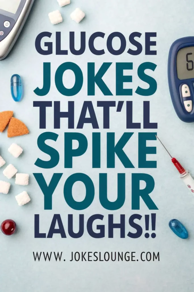 Flat lay with glucose meters, sugar cubes, syringe, pills, and food, featuring the text “Glucose Jokes That’ll Spike Your Laughs!!”