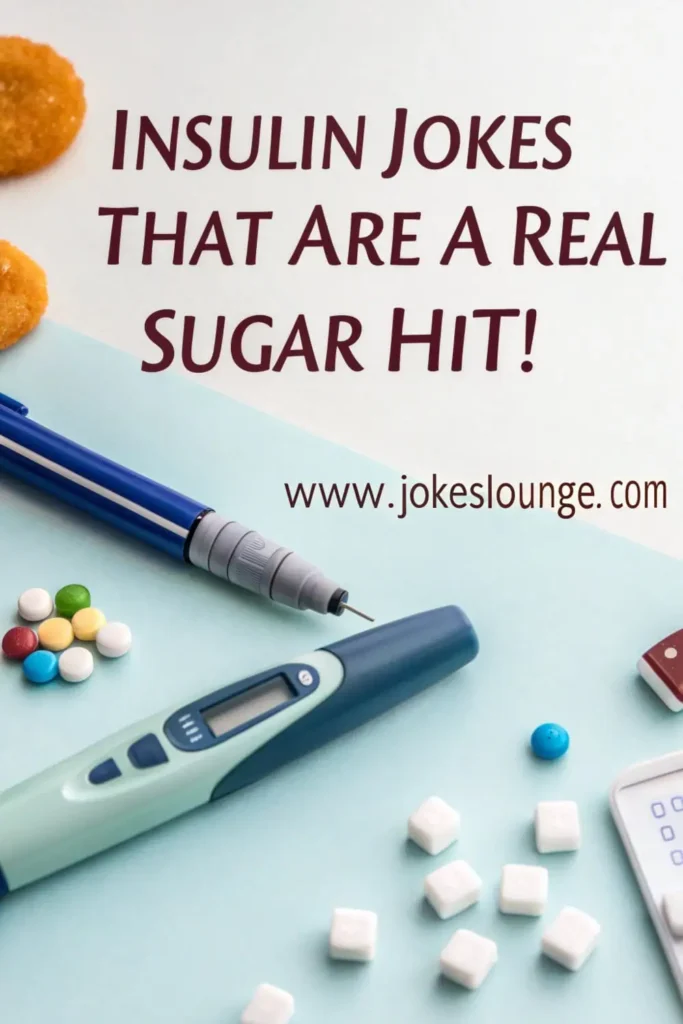 Flat lay with insulin pens, sugar cubes, colorful tablets, and test supplies, featuring the text “Insulin Jokes That Are a Real Sugar Hit!