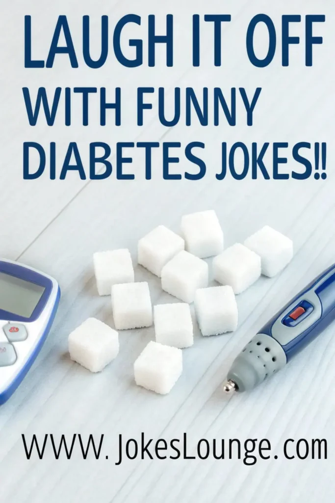 Flat lay with sugar cubes, glucose meter, and lancing device, featuring the text “Laugh It Off with Funny Diabetes Jokes!!