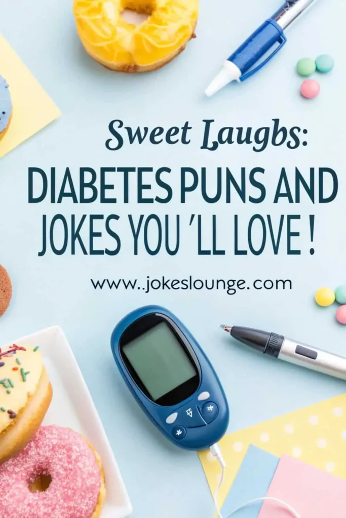 Colorful flat lay featuring donuts, a glucose meter, insulin pen, and candy with the text “Sweet Laughs: Diabetes Puns and Jokes You’ll Love!