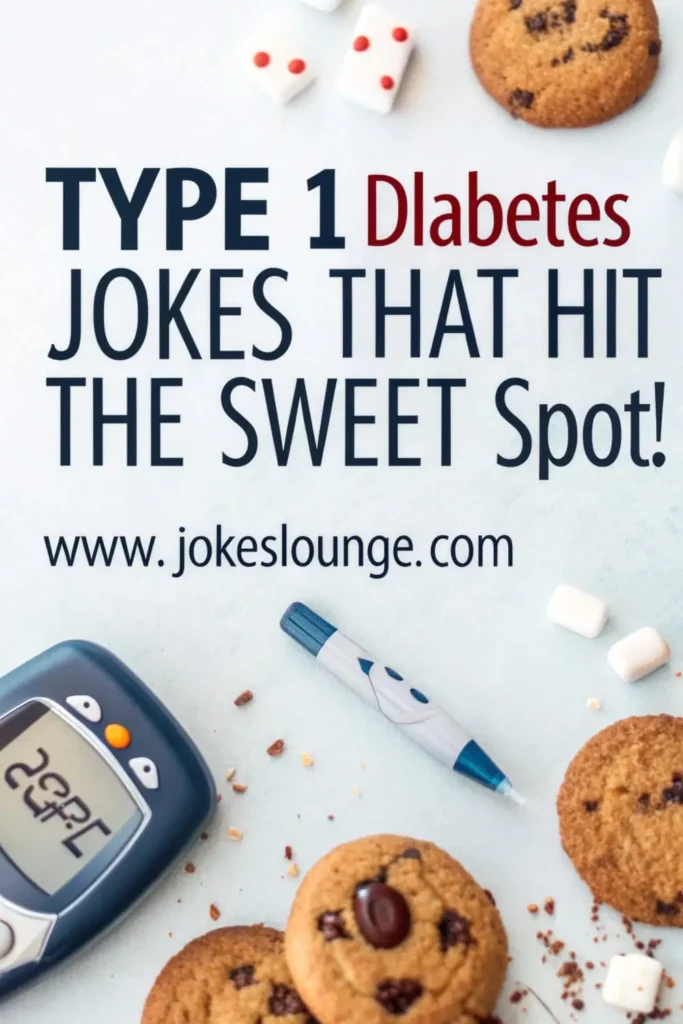 Flat lay with cookies, marshmallows, a glucose meter, and insulin pen, featuring the text “Type 1 Diabetes Jokes That Hit the Sweet Spot!