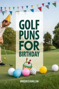 Man in party hat putting on a golf course with colorful golf balls and text “Golf Puns for Birthday