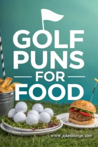 Plate of golf balls on greens beside a burger and fries with the text “Golf Puns for Food” in front of a green background