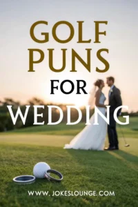 Bride and groom on a golf course with rings and golf ball in foreground, featuring the text “Golf Puns for Wedding