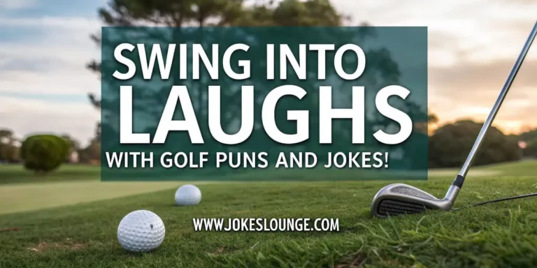 Golf course scene with two golf balls and a club, featuring the text “Swing Into Laughs with Golf Puns and Jokes!