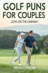 Smiling couple holding hands on a golf course with text “Golf Puns for Couples – Love on the Fairway!”