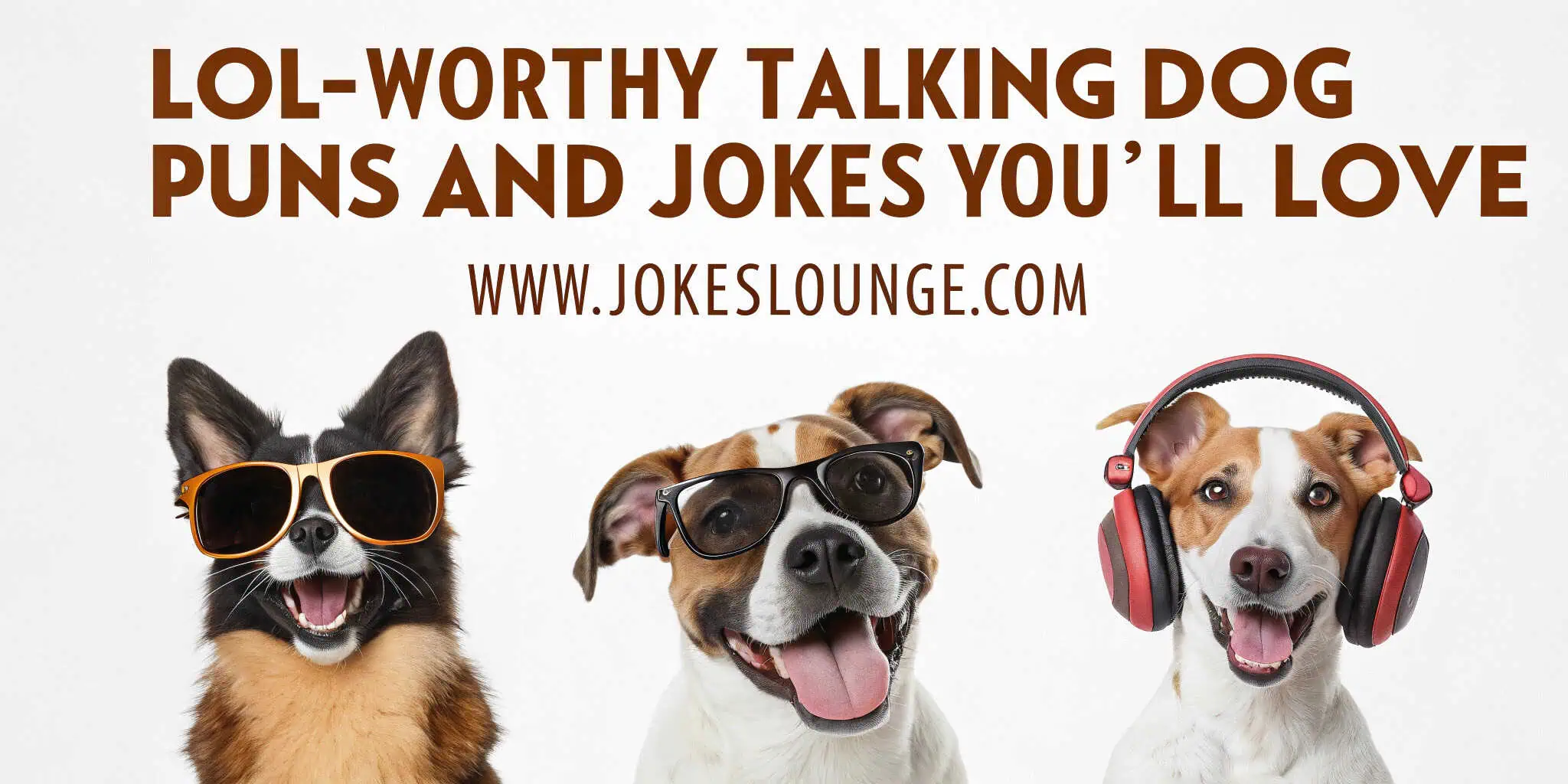 Three happy dogs with sunglasses and headphones under bold text: “LOL-Worthy Talking Dog Puns and Jokes You’ll Love”