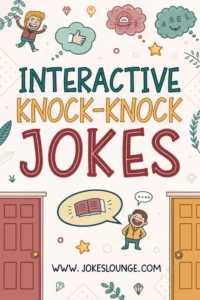 Illustrated cover reading “Interactive Knock-Knock Jokes” with cartoon boy, two doors, speech bubble, and www.jokeslounge.com