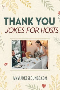 Cover titled ‘Thank You Jokes for Hosts’ with laughing bride toasting seated guest at dinner, JokesLounge.com at bottom