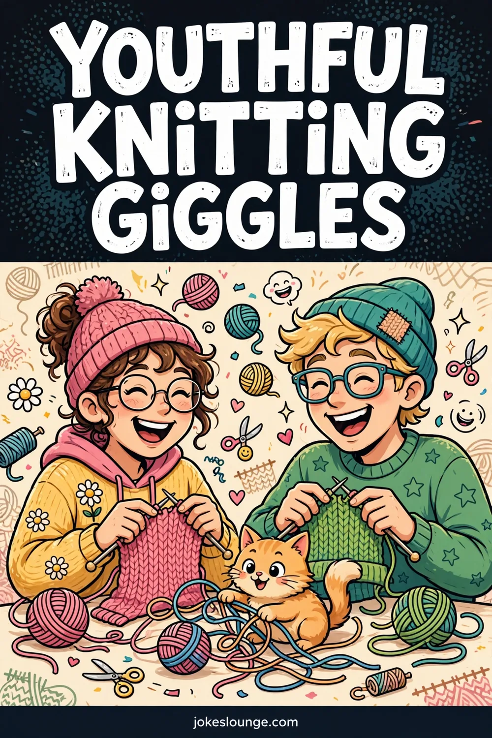 Youthful Knitting Giggles - funny illustration