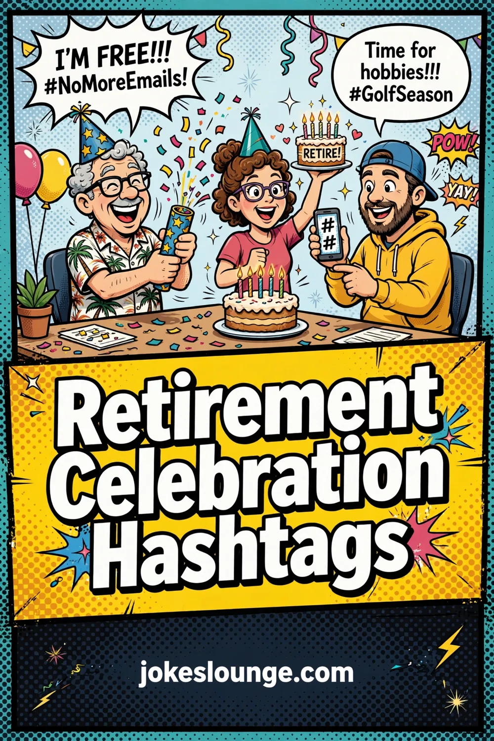 Retirement Celebration Hashtags - funny illustration